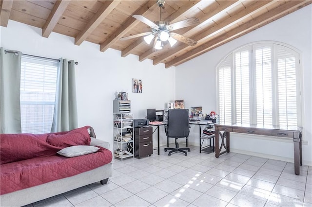 office with ceiling fan, light tile patterned floors, lofted ceiling with beams, and wood ceiling