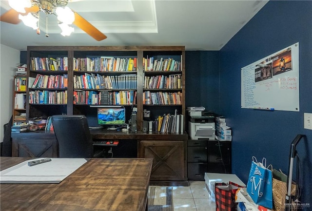 tiled office space with ceiling fan