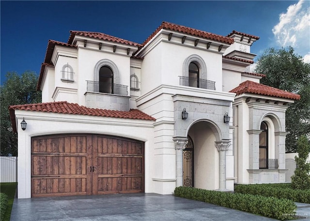 mediterranean / spanish-style home with a balcony and a garage