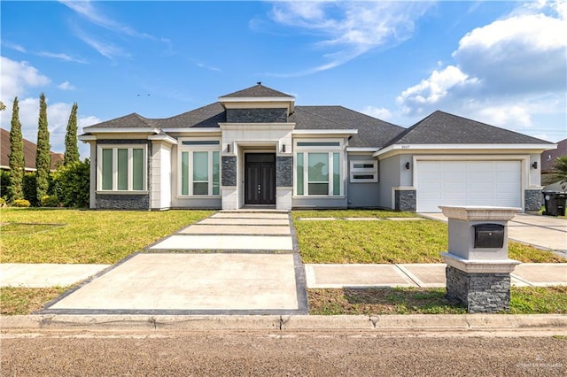 3527 Oak Preserve St, Weslaco, TX 78599 - prairie-style house featuring driveway, stone siding, a front yard, a garage, and stucco siding