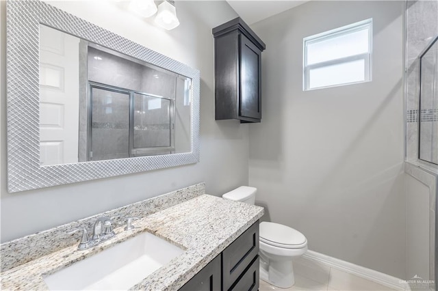 3527 Oak Preserve St, Weslaco, TX 78599 - full bathroom featuring a shower stall, tile patterned floors, toilet, vanity, and baseboards