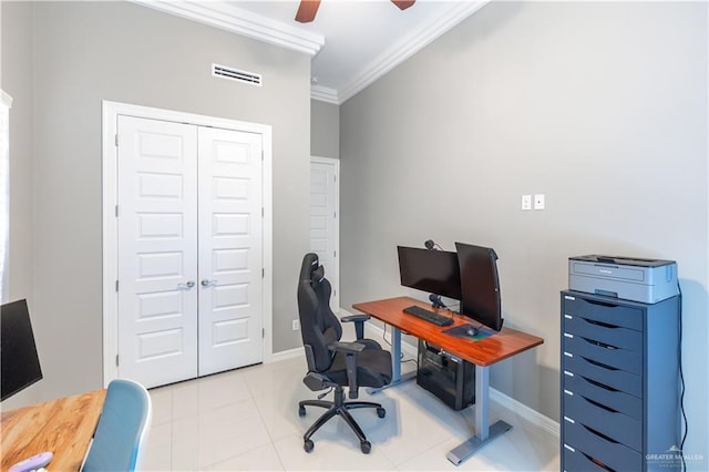 3527 Oak Preserve St, Weslaco, TX 78599 - office with baseboards, visible vents, ornamental molding, ceiling fan, and light tile patterned floors