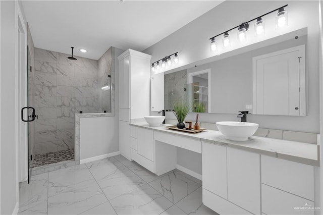 503 Purple Bugambilia, Pharr, TX 78577 - full bathroom with double vanity, a marble finish shower, marble finish flooring, baseboards, and recessed lighting