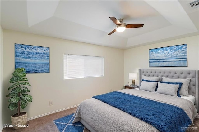 1610 E Yary Dr, Edinburg, TX 78542 - carpeted bedroom with baseboards, a ceiling fan, visible vents, and a raised ceiling