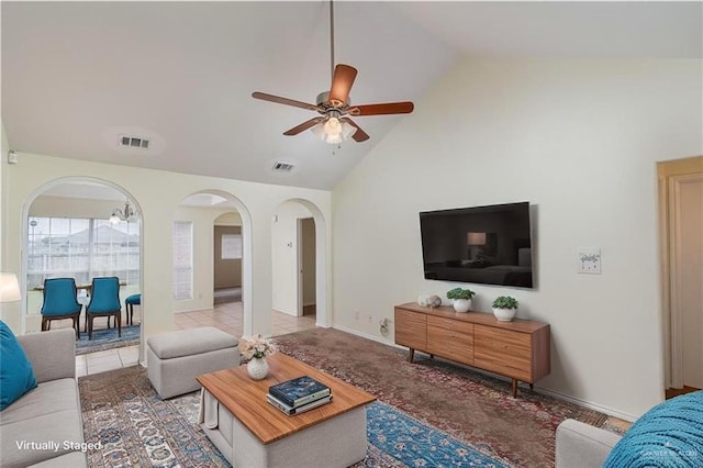 1610 E Yary Dr, Edinburg, TX 78542 - living room with arched walkways, visible vents, high vaulted ceiling, and ceiling fan