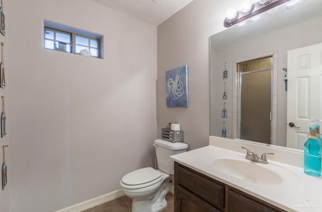 bathroom with tile patterned floors, toilet, baseboards, a shower stall, and vanity