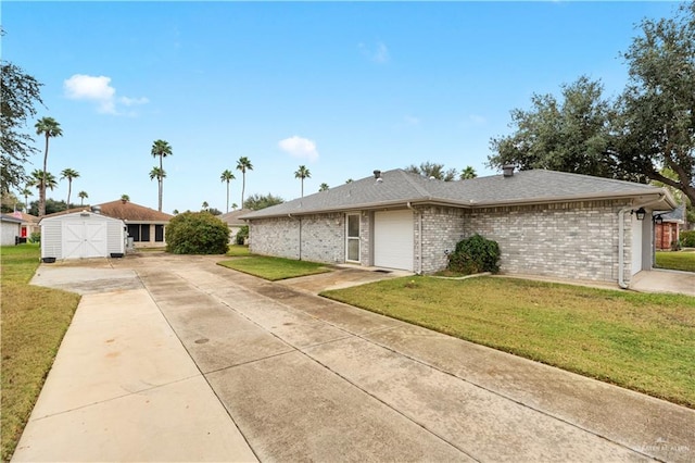 single story home featuring a garage, a storage shed, and a front yard