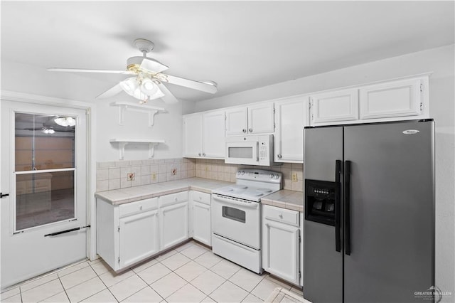 kitchen featuring white cabinets, decorative backsplash, white appliances, and ceiling fan