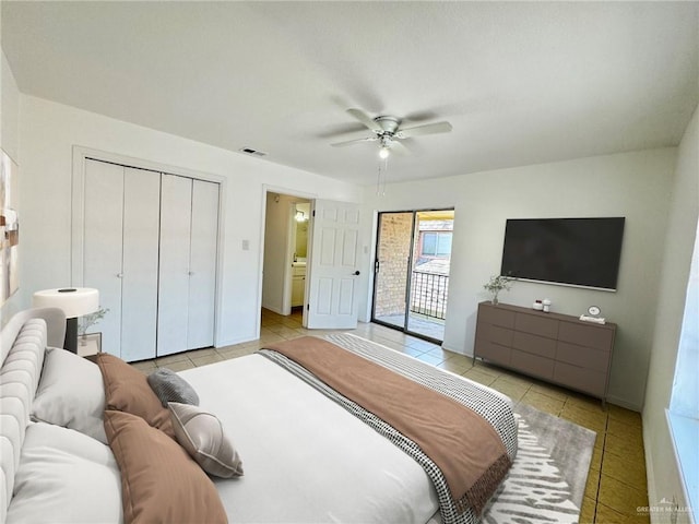 bedroom with light tile patterned floors, a closet, access to outside, and ceiling fan