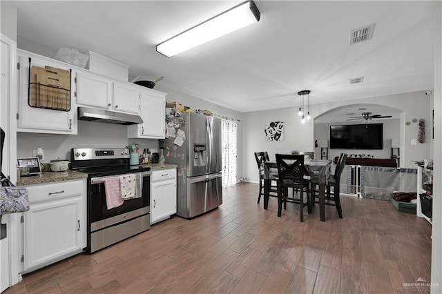 kitchen with white cabinetry, dark hardwood / wood-style flooring, hanging light fixtures, and appliances with stainless steel finishes