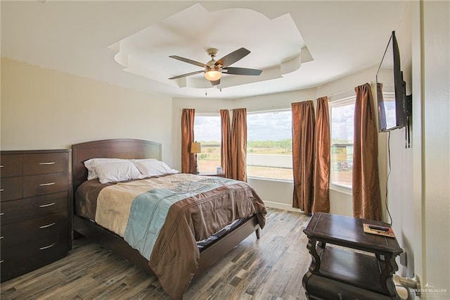 bedroom featuring a tray ceiling, ceiling fan, and dark wood-type flooring