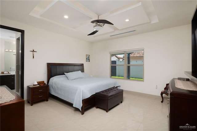 bedroom featuring ceiling fan, coffered ceiling, visible vents, and recessed lighting