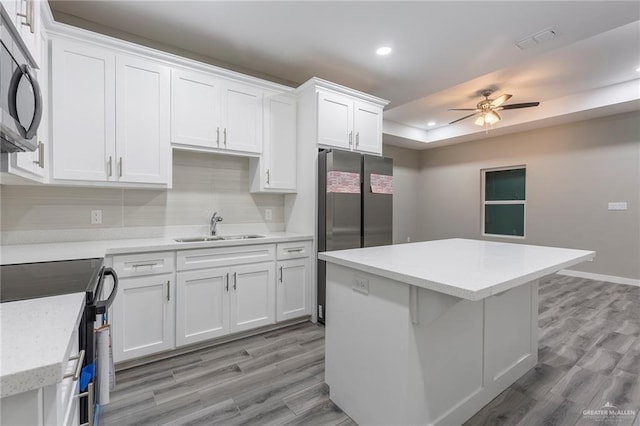 kitchen featuring white cabinets, sink, a tray ceiling, and stainless steel appliances