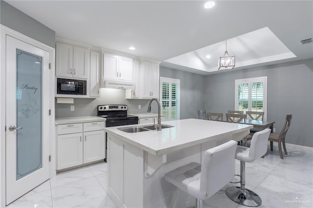 kitchen with black microwave, white cabinetry, sink, and stainless steel range with electric stovetop