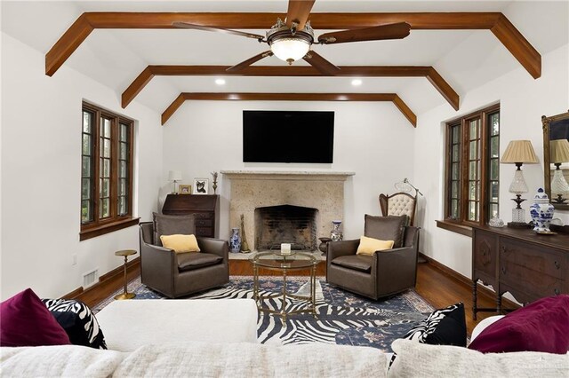 707 N 15th St, Mcallen, TX 78501 - living area featuring wood finished floors, a ceiling fan, a premium fireplace, and recessed lighting