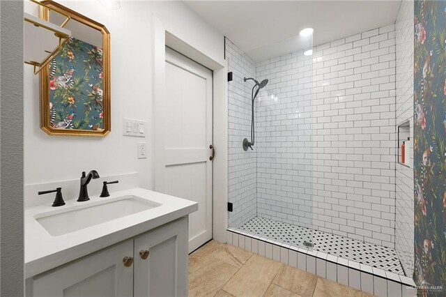 707 N 15th St, Mcallen, TX 78501 - full bathroom featuring a stall shower, vanity, tile patterned floors, and recessed lighting