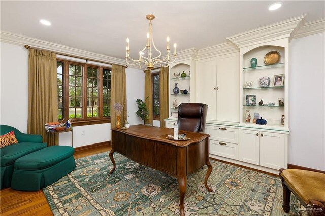 707 N 15th St, Mcallen, TX 78501 - home office with wood finished floors, a chandelier, ornamental molding, and recessed lighting