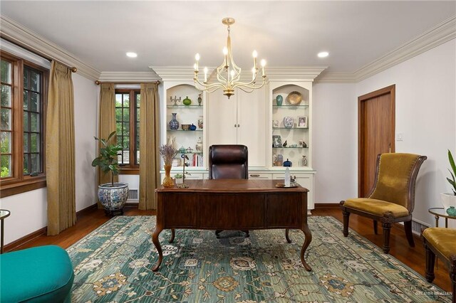 707 N 15th St, Mcallen, TX 78501 - home office featuring a chandelier, dark wood-style floors, and crown molding