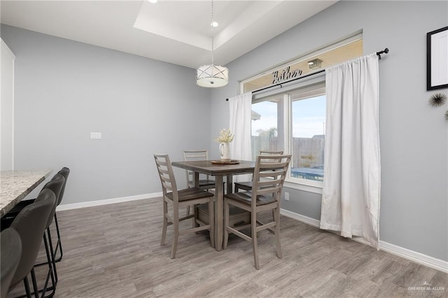 1012 Cooper Ln, San Juan, TX 78589 - dining space with light wood-type flooring, a tray ceiling, and baseboards