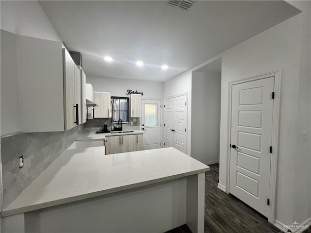 kitchen featuring white cabinetry, sink, dark wood-type flooring, backsplash, and kitchen peninsula