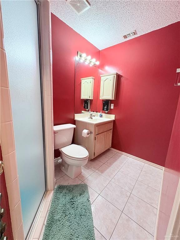 2218 Lawndale Rd, Mission, TX 78572 - bathroom featuring a textured ceiling, a shower stall, visible vents, and tile patterned floors