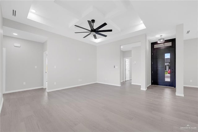 910 Azalea St, Mission, TX 78574 - unfurnished living room featuring coffered ceiling, ceiling fan, wood finished floors, recessed lighting, and beamed ceiling