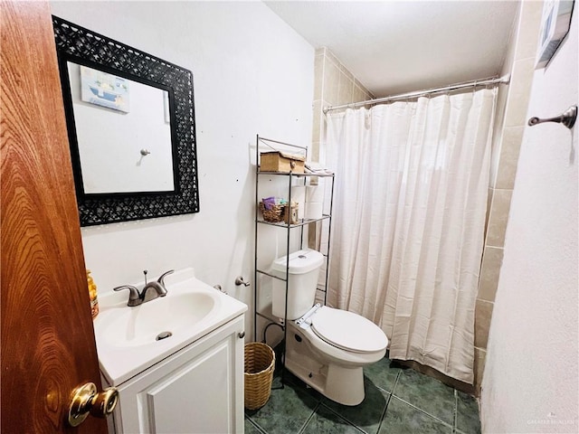 bathroom with tile patterned flooring, vanity, toilet, and a shower with shower curtain