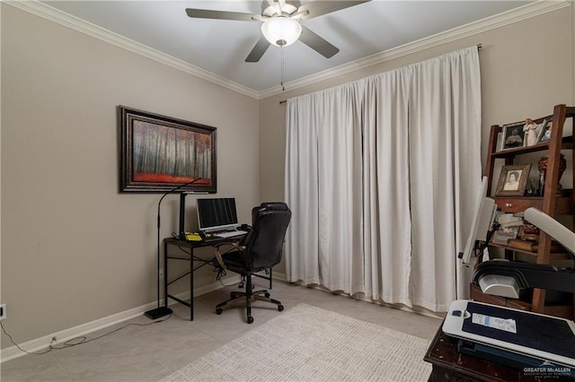 home office with baseboards, ornamental molding, ceiling fan, and light tile patterned flooring