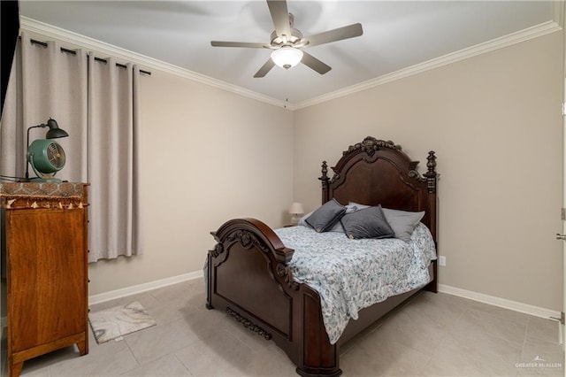 bedroom featuring a ceiling fan, crown molding, baseboards, and light tile patterned floors