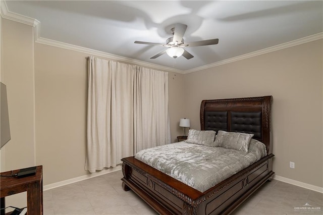 bedroom featuring ceiling fan, crown molding, baseboards, and light tile patterned floors