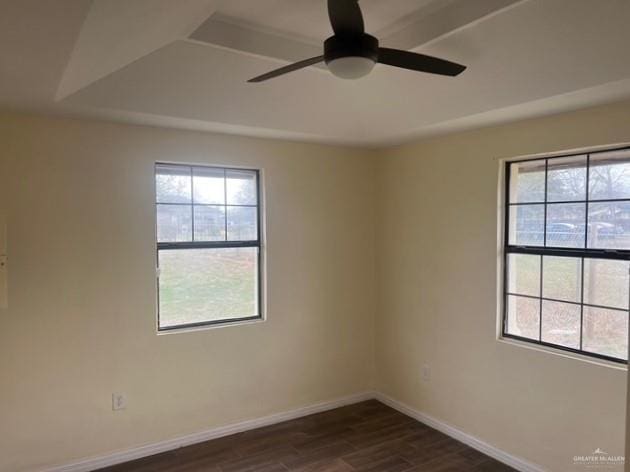 spare room featuring baseboards, dark wood-style flooring, and a healthy amount of sunlight