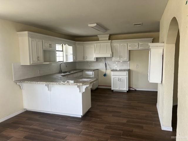 kitchen featuring a peninsula, dark wood-style floors, white cabinetry, and a sink