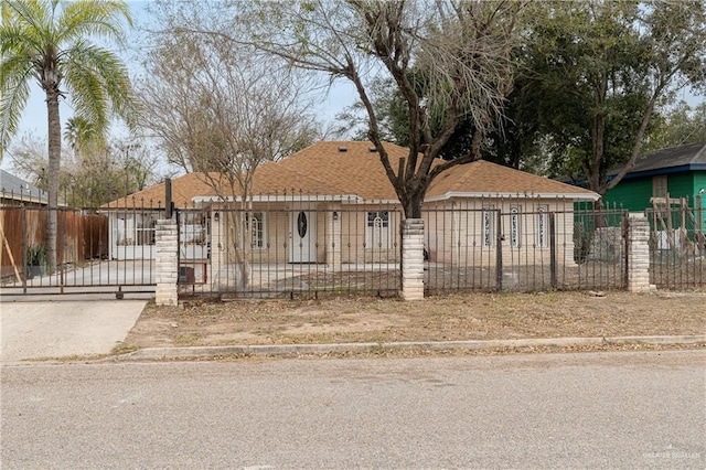 view of front of house featuring a fenced front yard and a gate