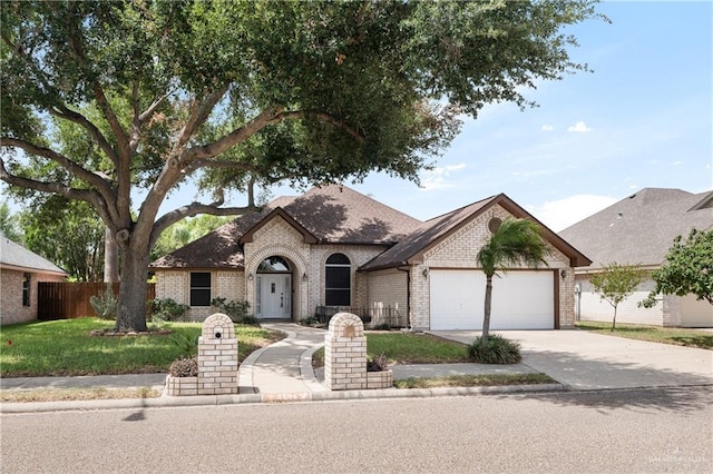 2106 Quail Ln, Mission, TX 78572 - french provincial home with a garage, brick siding, driveway, and a shingled roof