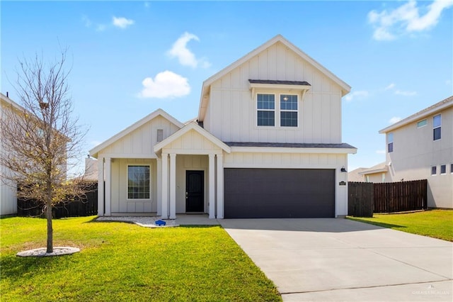 modern inspired farmhouse with a front lawn, fence, board and batten siding, concrete driveway, and a garage