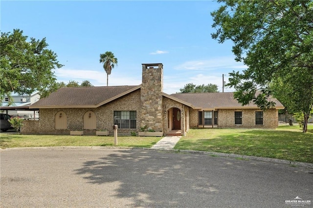 view of front of home featuring a front lawn, a chimney, and brick siding