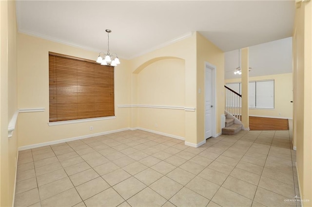 4012 Toronto Ave, Mcallen, TX 78503 - empty room with crown molding, stairway, light tile patterned flooring, a chandelier, and baseboards