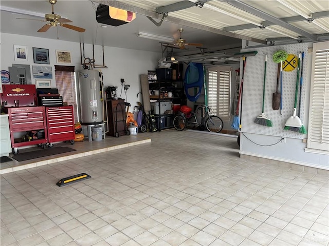 garage featuring a garage door opener, electric water heater, and ceiling fan