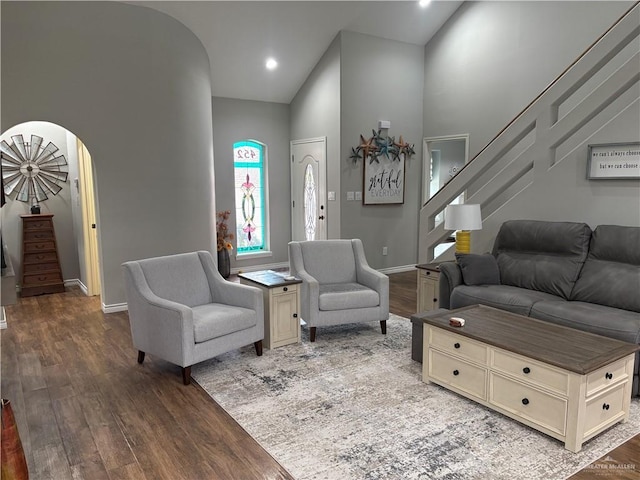 living room with high vaulted ceiling and dark hardwood / wood-style flooring