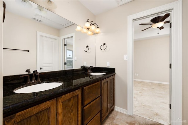 full bath featuring double vanity, a sink, visible vents, and a ceiling fan