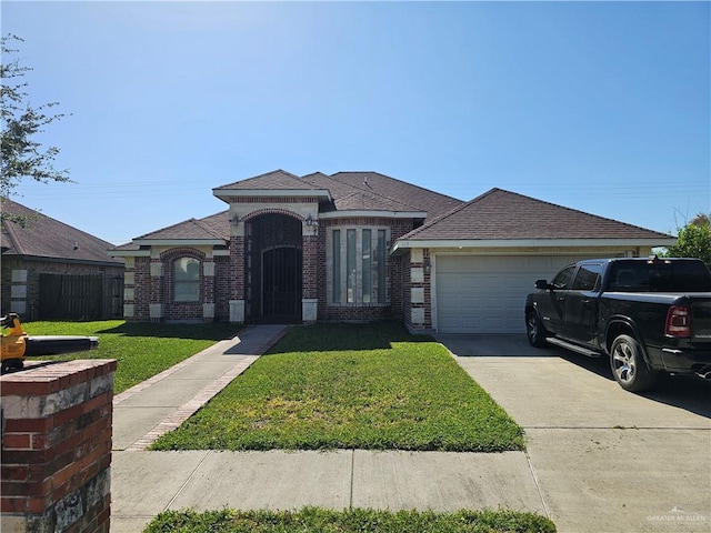 view of front of home with roof with shingles, a front lawn, brick siding, a garage, and concrete driveway