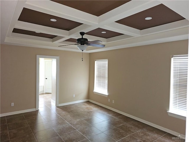 empty room with a healthy amount of sunlight, baseboards, ceiling fan, and coffered ceiling