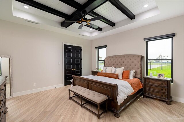 4825 Estancia Pkwy, Mcallen, TX 78504 - bedroom featuring light wood-type flooring, multiple windows, baseboards, recessed lighting, and wood ceiling with exposed beams