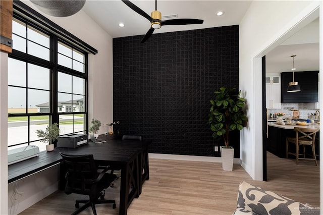 4825 Estancia Pkwy, Mcallen, TX 78504 - home office featuring ceiling fan, light wood-style floors, recessed lighting, and baseboards