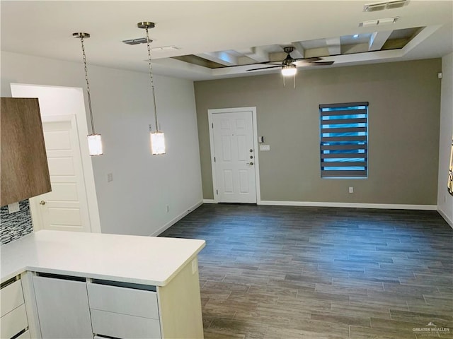 interior space with white cabinets, dark hardwood / wood-style flooring, and a tray ceiling