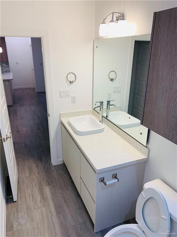 bathroom featuring vanity, toilet, and wood-type flooring