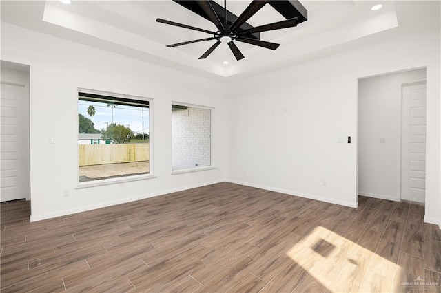 spare room featuring a raised ceiling and ceiling fan