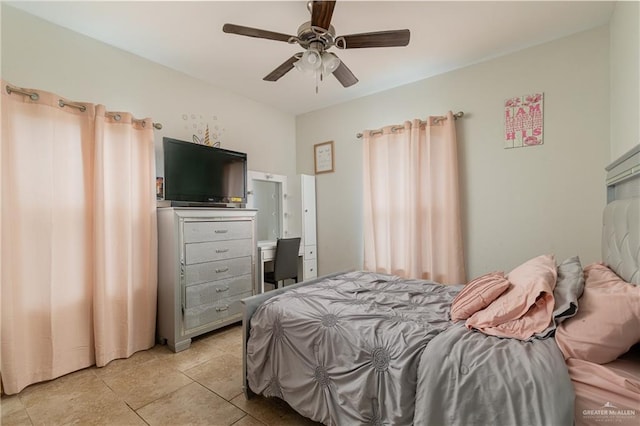 bedroom featuring ceiling fan and light tile patterned floors