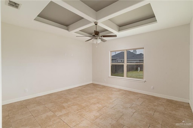 unfurnished room with a ceiling fan, coffered ceiling, visible vents, and baseboards