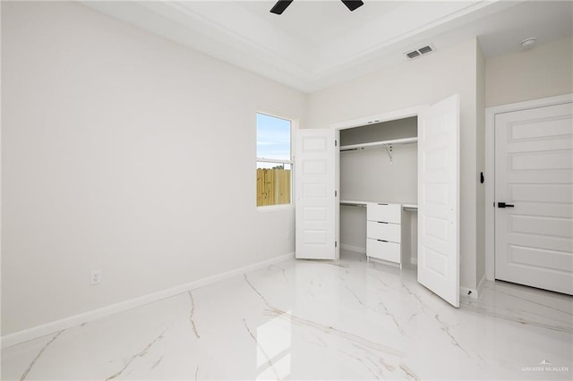 8104 N 51st St N, Mcallen, TX 78504 - unfurnished bedroom with visible vents, a closet, marble finish floor, baseboards, and a ceiling fan